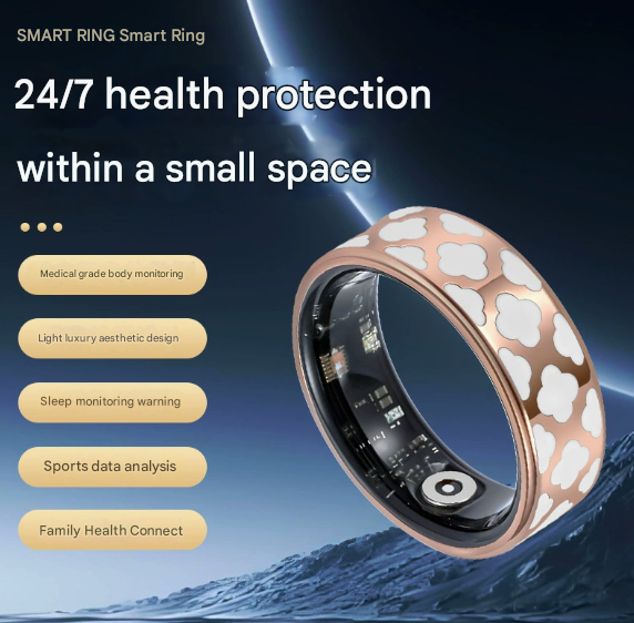 6# Striped Gold Smart Health Ring Tracker with Wireless Charging Case view 2