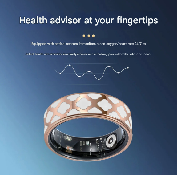 8# Striped Gold Smart Health Ring Tracker with Wireless Charging Case view 3