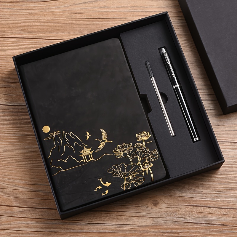 Black A5 Premium Notebook Gift Set with Pen - PU Leather Journal with Gold — image 1