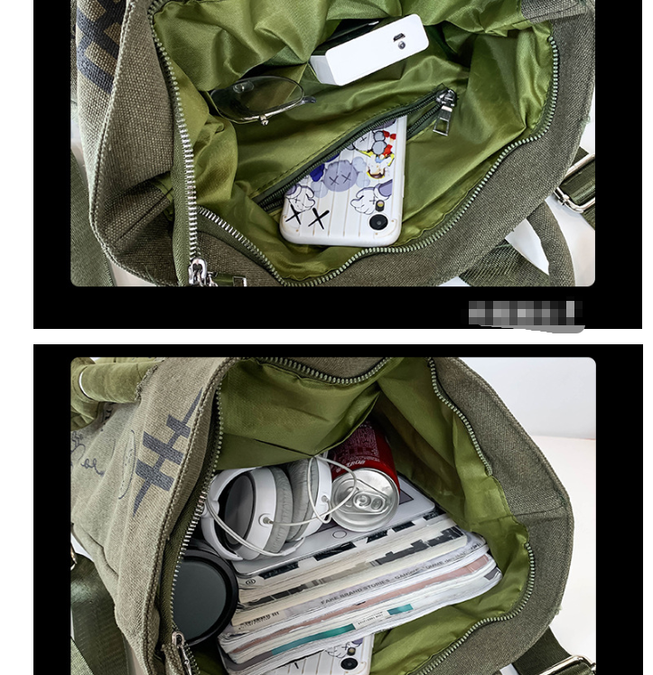 Green 3D Frog Graffiti Canvas Backpack Large Capacity 37x40cm School Bag for view 3
