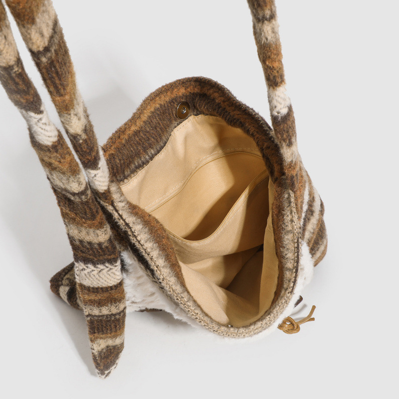 Women's Fur Splicing Large Tote Bag Wool Knit Shoulder Crossbody Bag for view 3