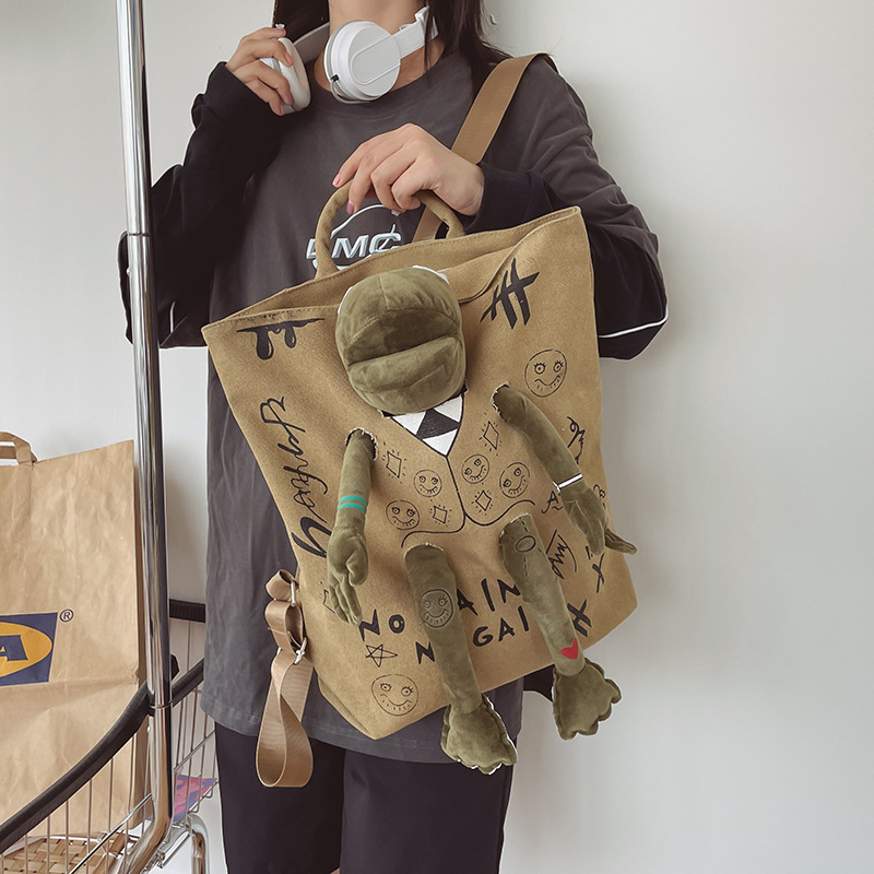 Khaki 3D Frog Graffiti Canvas Backpack Large Capacity 37x40cm School Bag for — image 1