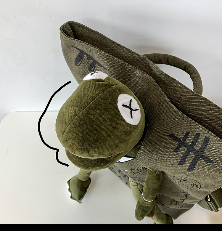 Coffee-brown 3D Frog Graffiti Canvas Backpack Large Capacity 37x40cm School view 2