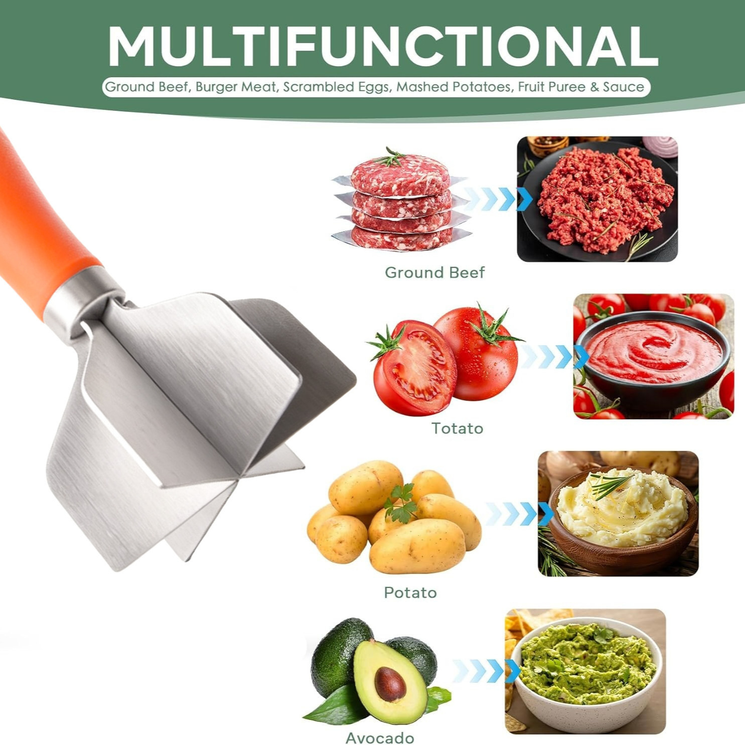 304 Stainless Steel Meat Chopper and Ground Beef Masher - 19cm Heat Resistant view 2