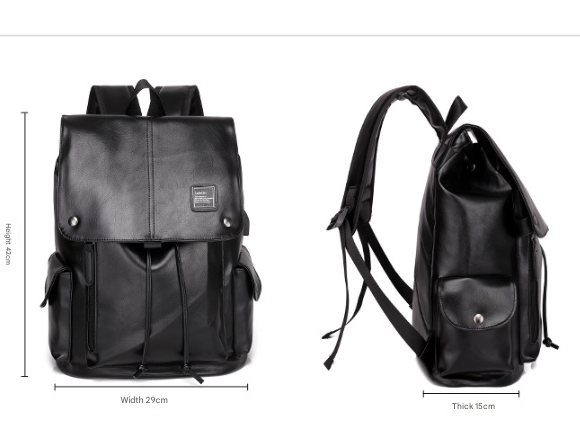 Black Men's Fashion PU Leather Backpack - Large Capacity 42cm Laptop Rucksack view 2