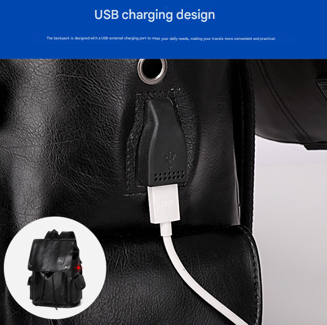 Black Men's Fashion PU Leather Backpack - Large Capacity 42cm Laptop Rucksack view 4