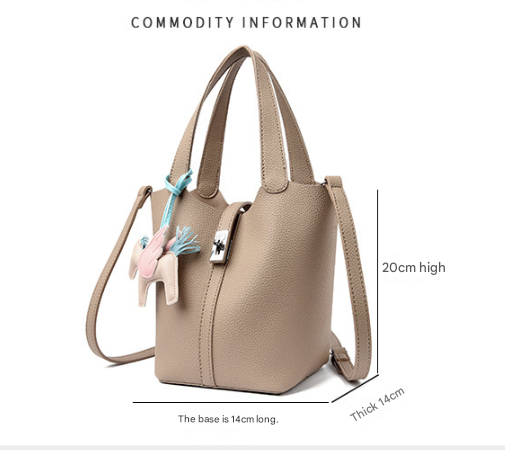 Khaki Women's Small PU Leather Bucket Bag with Secure Lock and Horse Charm view 2