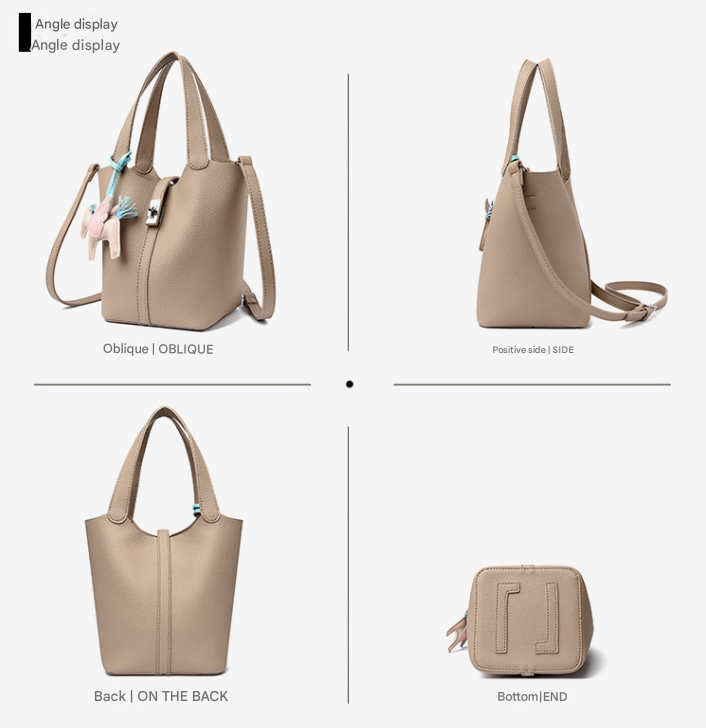 Khaki Women's Small PU Leather Bucket Bag with Secure Lock and Horse Charm view 3