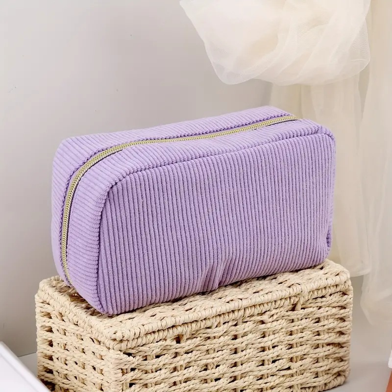 Purple Corduroy Cosmetic Bag Large Capacity 20cm Makeup Pouch for Lipstick