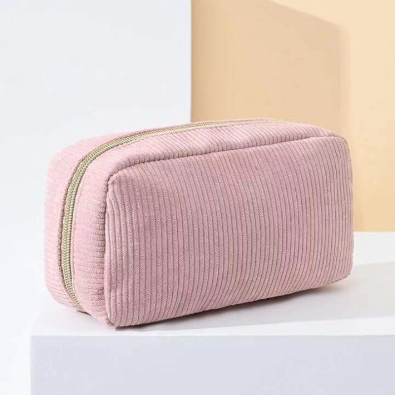 Pink Corduroy Cosmetic Bag Large Capacity 20cm Makeup Pouch for Lipstick