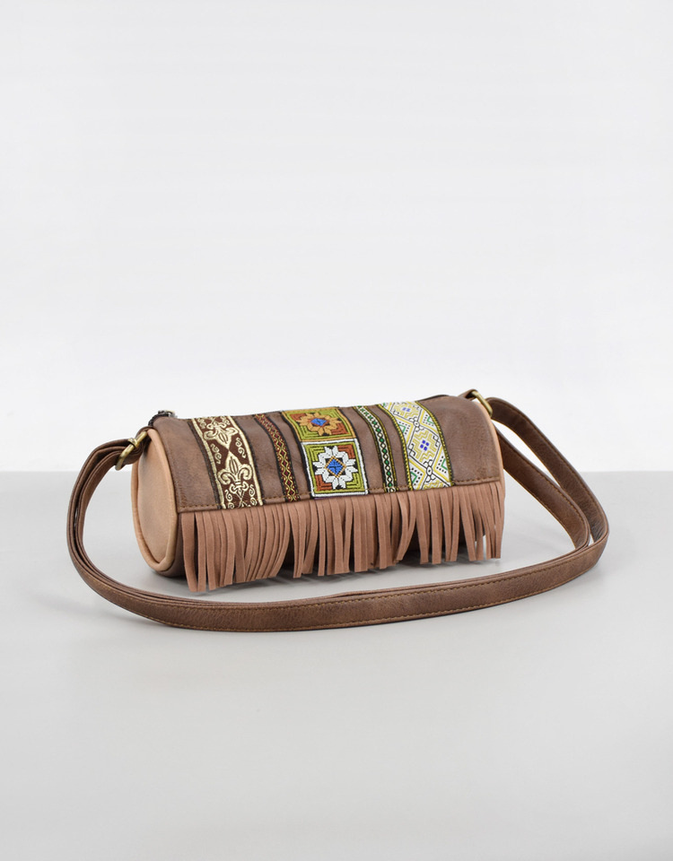 Boho Ethnic PU Leather Cylindrical Crossbody Bag with Embroidery and Fringe view 3