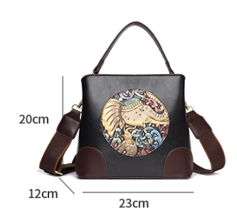 Black Vintage Ethnic Embossed Elephant Bucket Bag - Large Capacity PU Leather view 2
