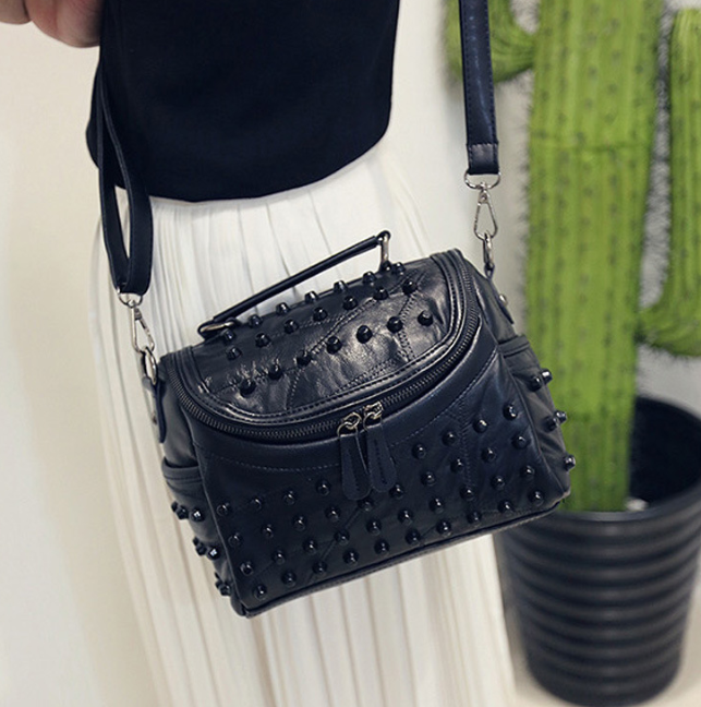 Women's Black Studded Handbag Soft PU Leather Crossbody Shoulder Bag with view 6