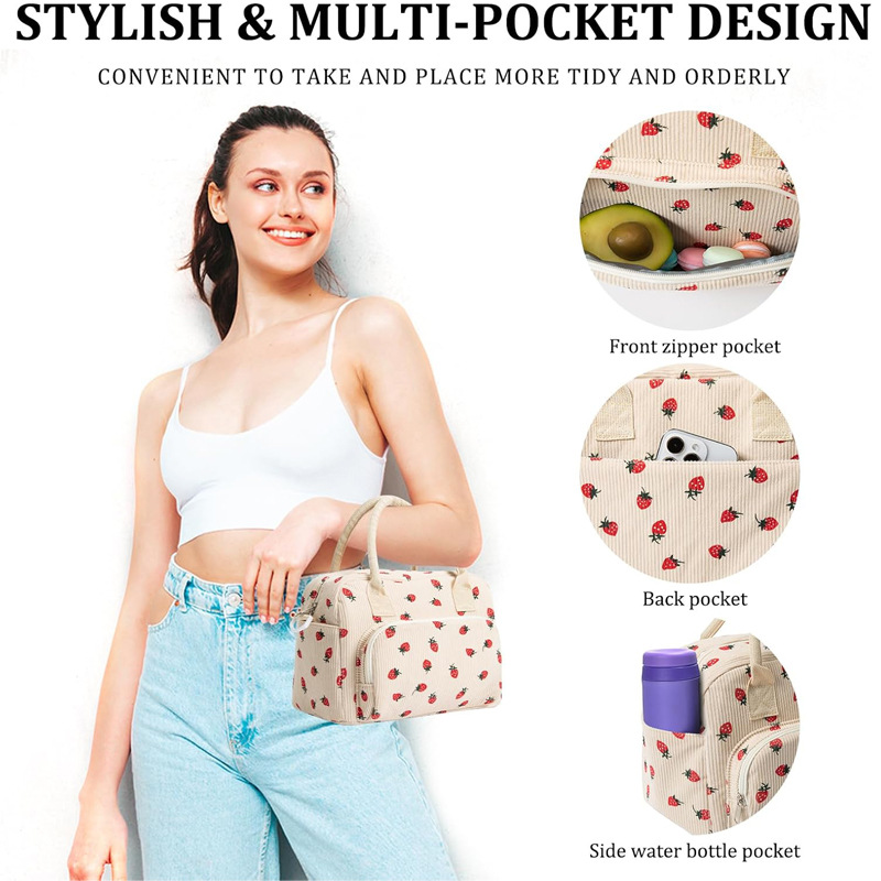 Beige Women's Large Corduroy Lunch Bag Insulated Thermal Tote Strawberry Print view 3