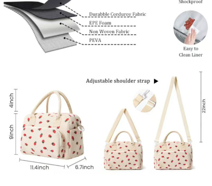 Beige Women's Large Corduroy Lunch Bag Insulated Thermal Tote Strawberry Print view 4