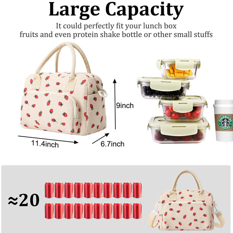 Pink Women's Large Corduroy Lunch Bag Insulated Thermal Tote Strawberry Print view 2