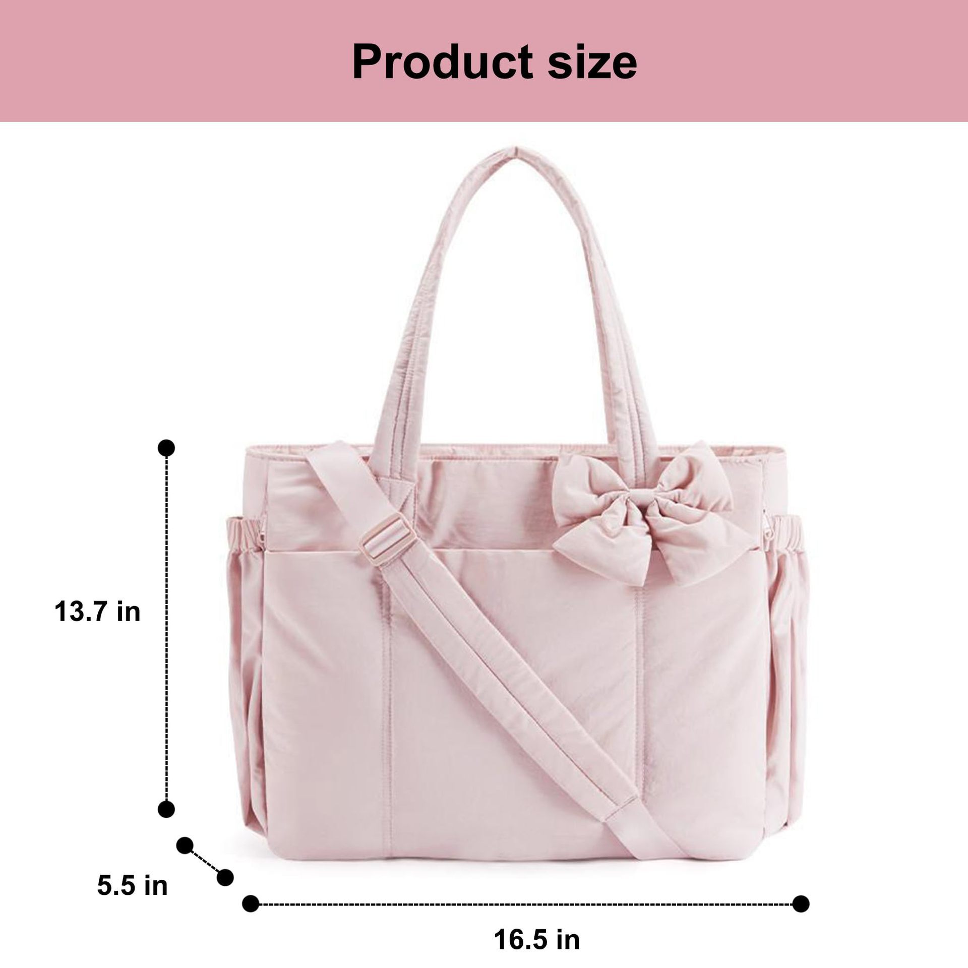 Black Women's Quilted Puffer Tote Bag Large Capacity Lightweight Bow Handbag view 2