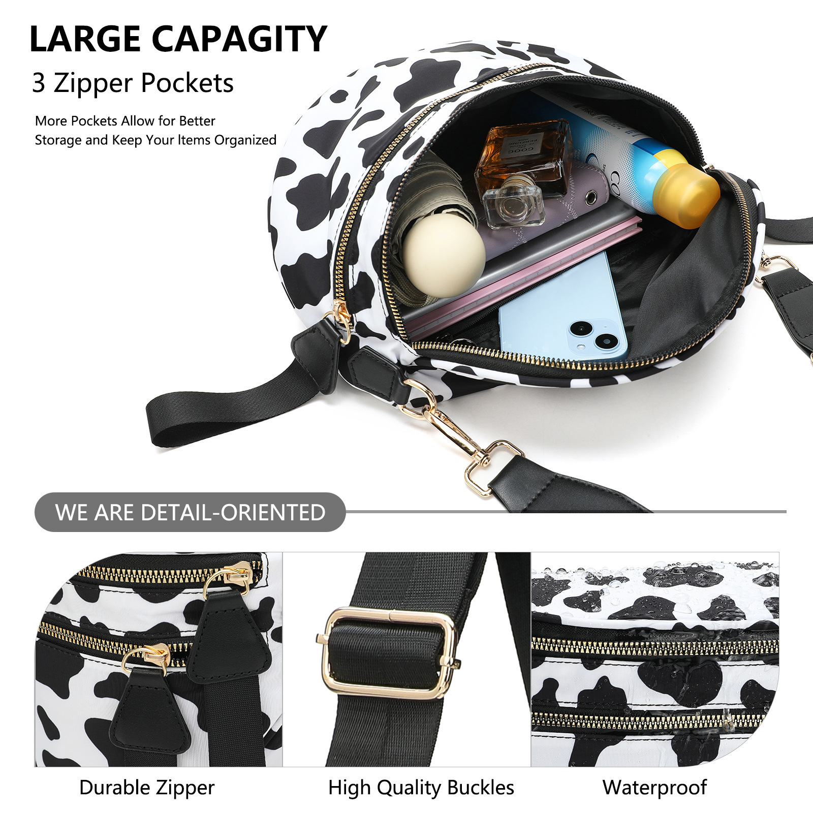 White-and-beige Checkered Pattern Women's Large Crescent Crossbody Bag view 4