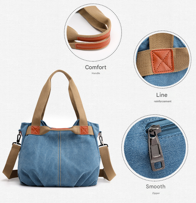 Khaki Women's Retro Canvas Tote Bag Large Capacity Shoulder Handbag Adjustable view 2