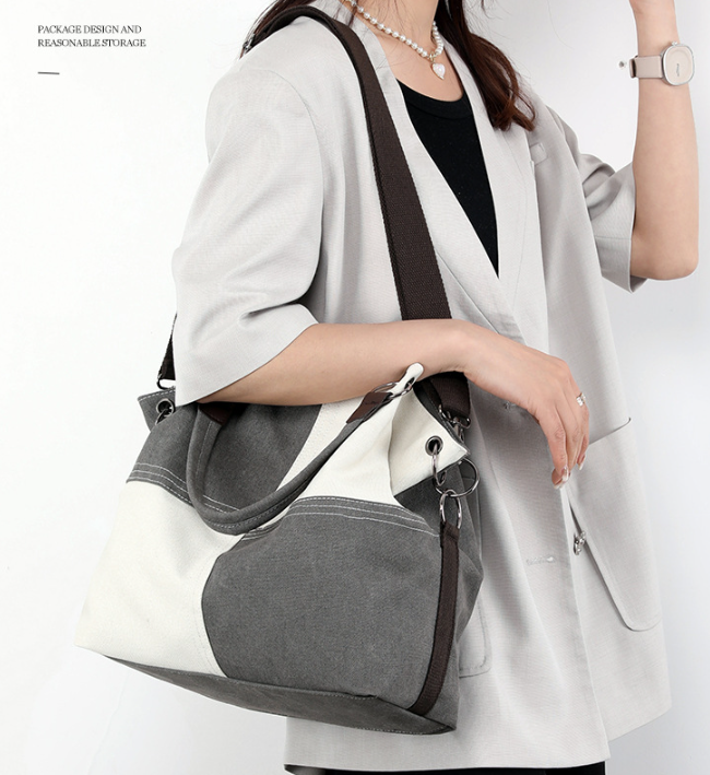 Black Women's Canvas Patchwork Tote Bag Large Capacity Shoulder Handbag Fits view 3