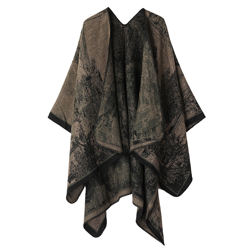 Faux Cashmere Shawl (Qingming Scroll Print) - Black Brown Green, 160*135cm — image 1