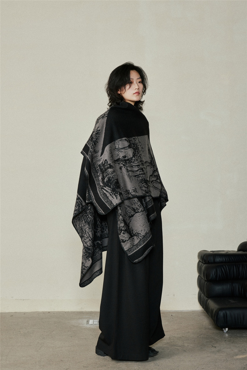 Faux Cashmere Shawl (Qingming Scroll Print) - Black Brown Green, 160*135cm view 6