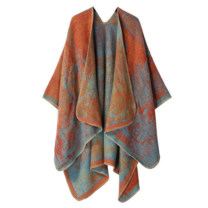 Faux Cashmere Shawl (Qingming Scroll Print) - Orange Blue, 160*135cm — image 1