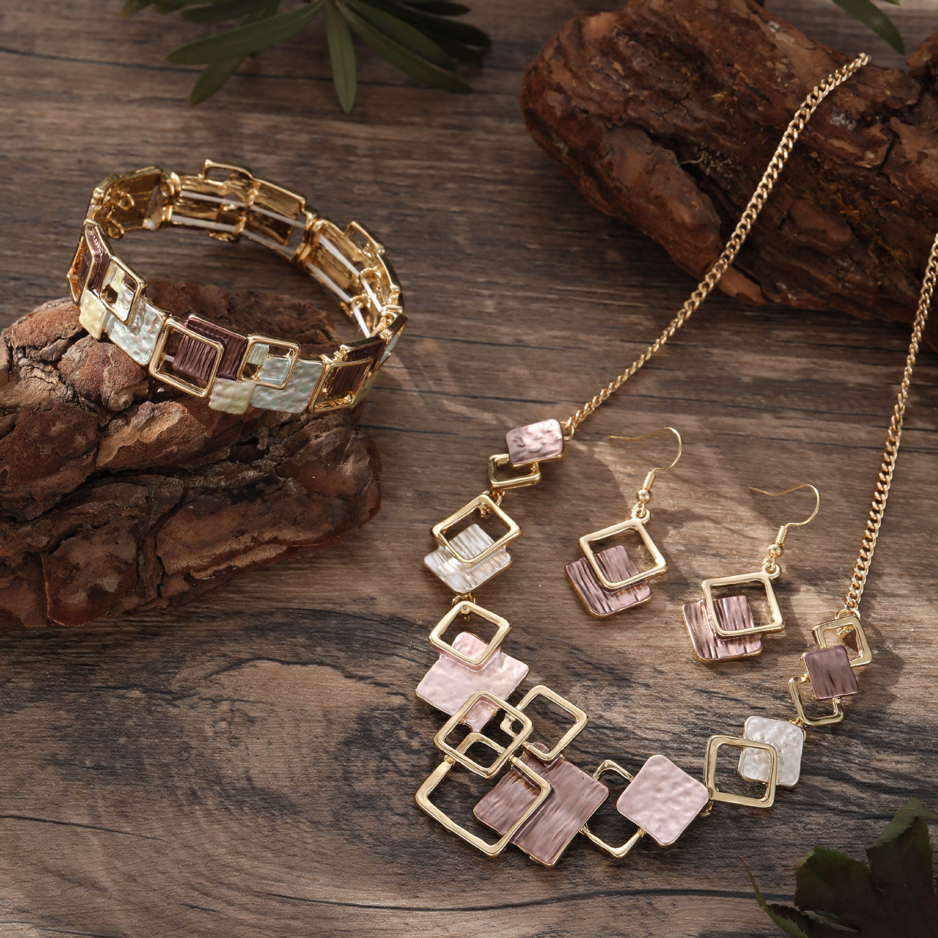 Geometric Inlay Earrings Necklace Bracelet Jewelry Set × 2 – Peacock Green & Brown view 2