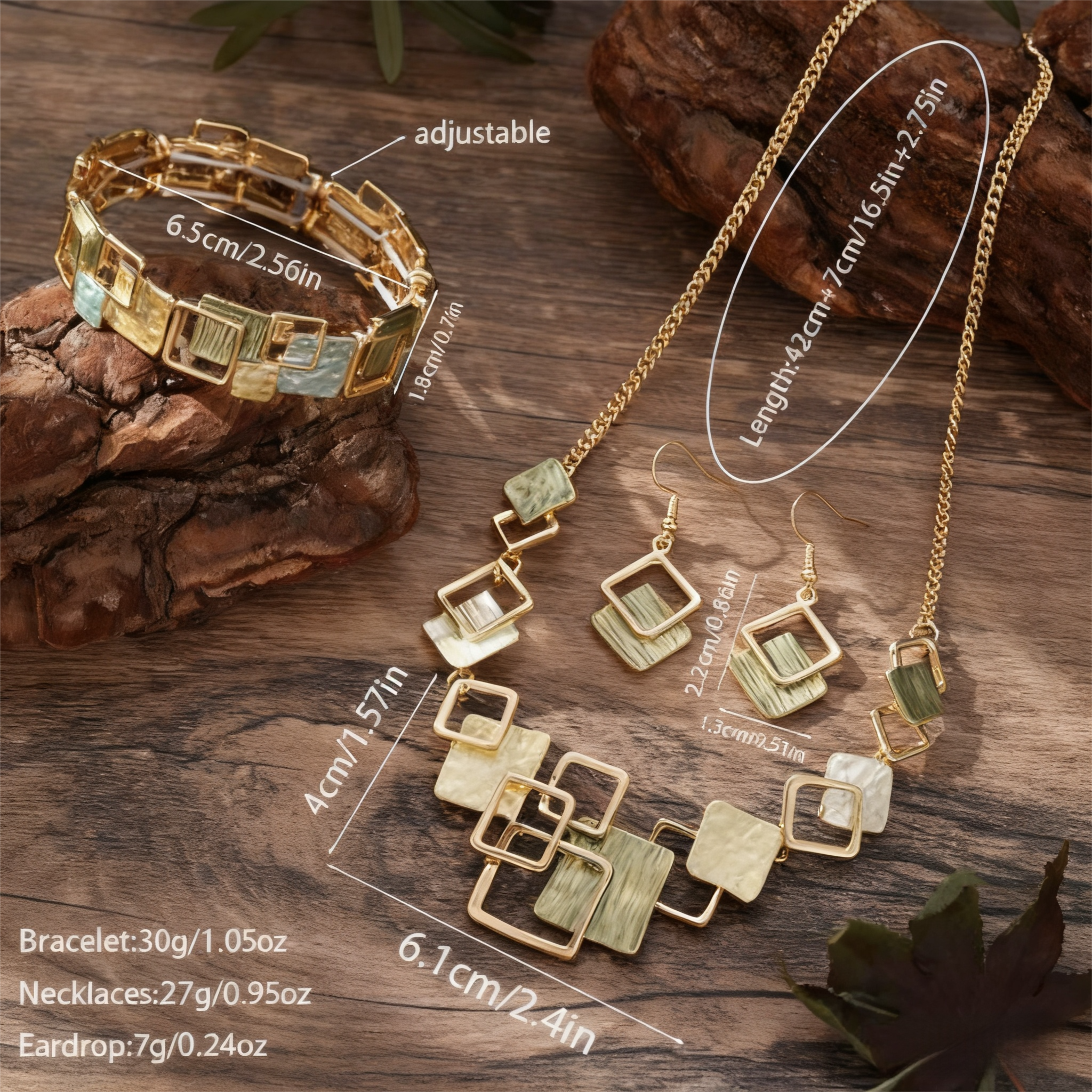 Geometric Inlay Earrings Necklace Bracelet Jewelry Set × 2 – Peacock Green & Brown view 3