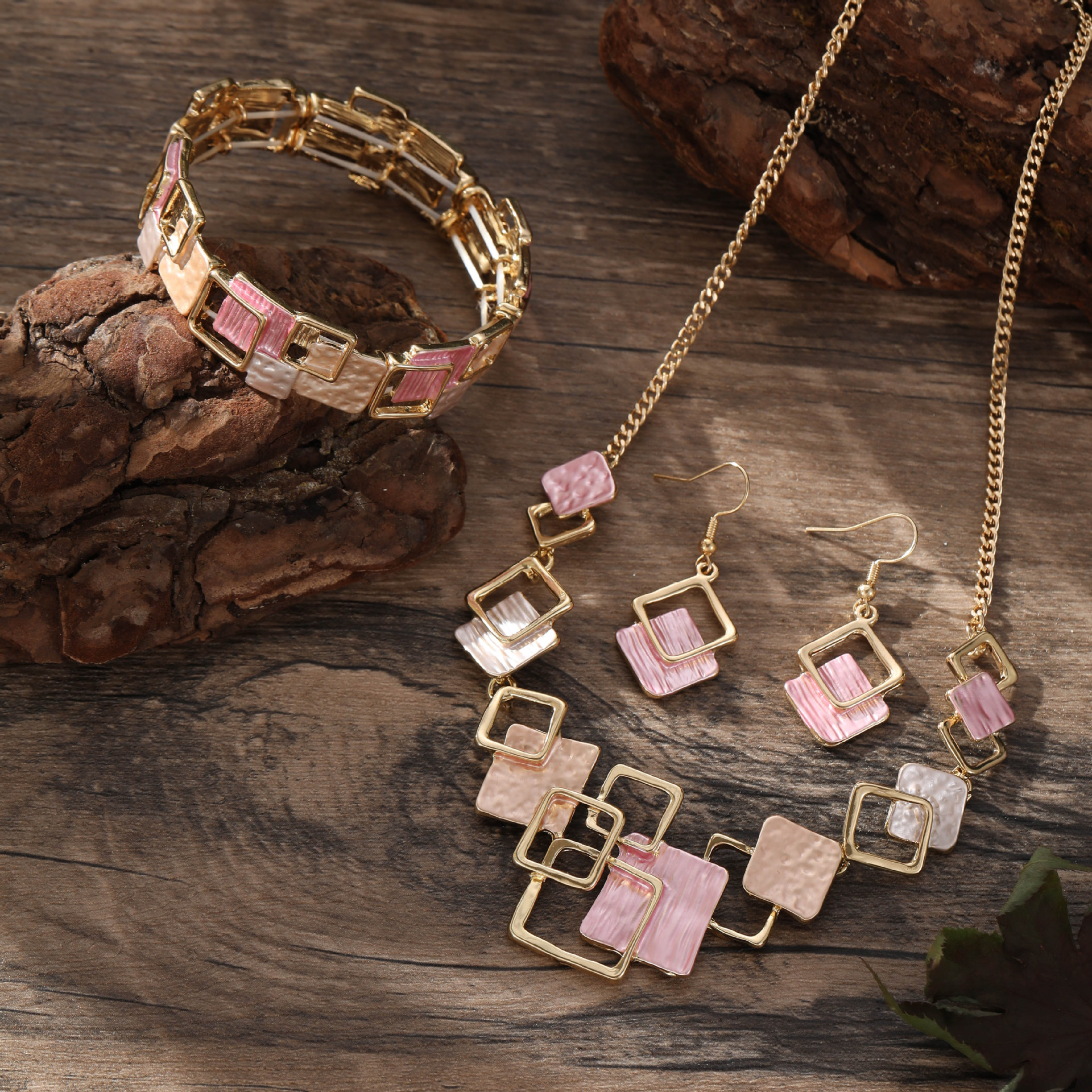 Geometric Inlay Earrings Necklace Bracelet Jewelry Set × 2 – Light Green & Pink view 2