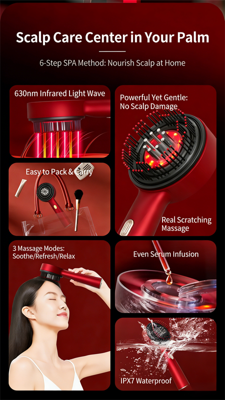 Red Luxury Red-Light Therapy Electric Scalp Massager Comb with Liquid view 5