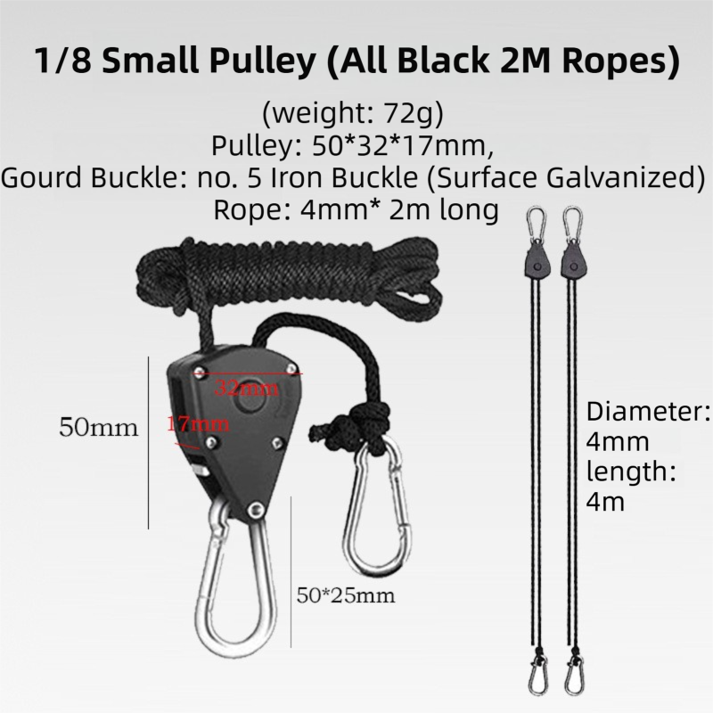 4-Pack 2M Heavy Duty Grow Light Hanger Rope Ratchet - All Black Adjustable view 2