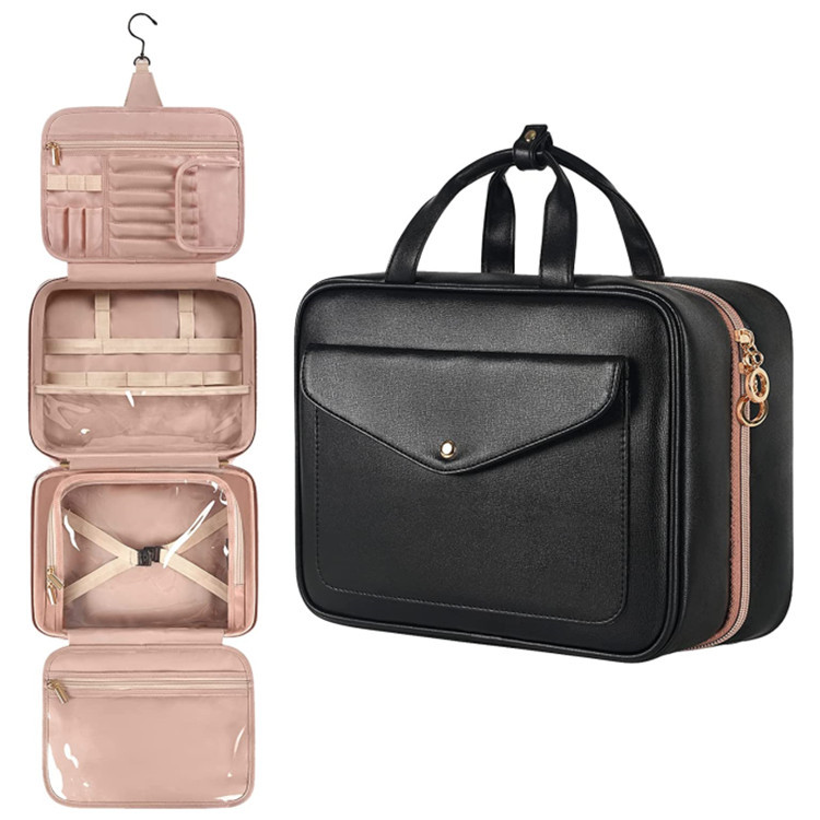 Black Portable Large Hanging Womens' Luxury PU Leather Cosmetic Bag
