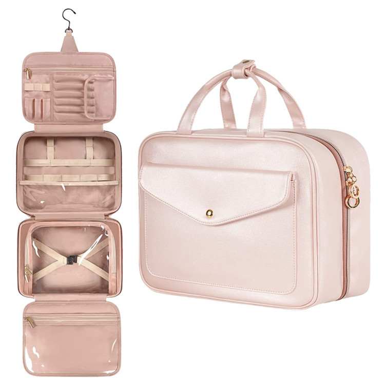 Pink Portable Large Hanging Womens' Luxury PU Leather Cosmetic Bag
