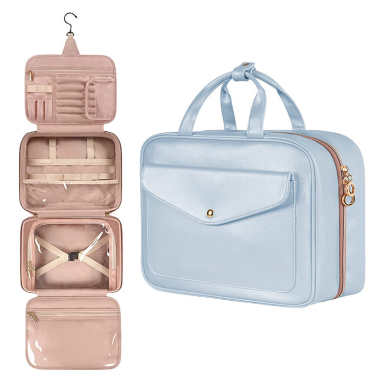 Blue Portable Large Hanging Womens' Luxury PU Leather Cosmetic Bag