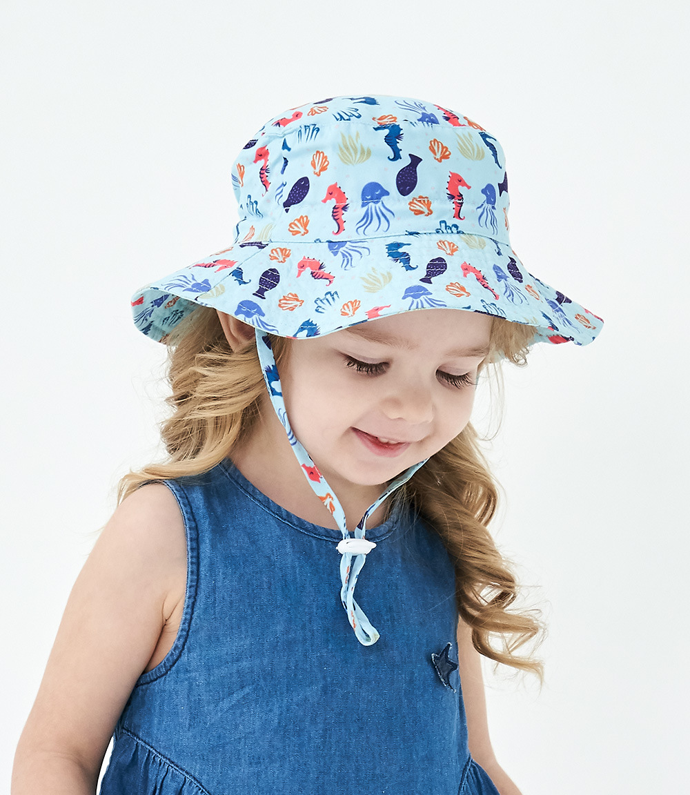 2-Pack Blue Seahorse Pattern Kids Sun Hat and Travel Beach Fisherman Cap(S view 2