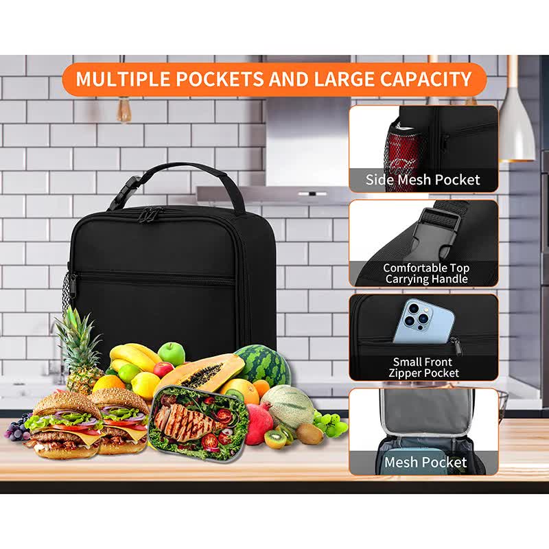 Black Portable Insulated Lunch Bag - Oxford Cloth Handheld Meal Prep Tote view 4