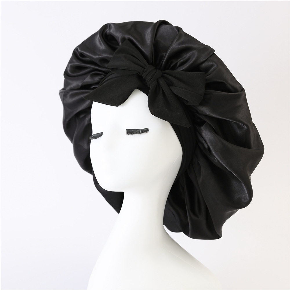 2-Pack Black Satin Bonnet with Wide Band and Bow Tie - Hair Care Sleep Cap and — image 1