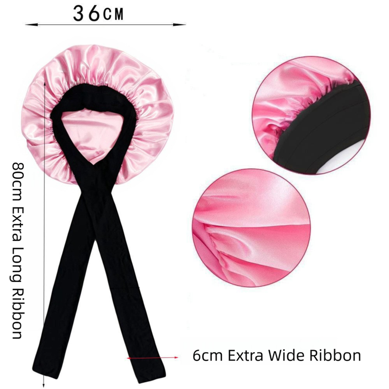 2-Pack Black Satin Bonnet with Wide Band and Bow Tie - Hair Care Sleep Cap and view 2