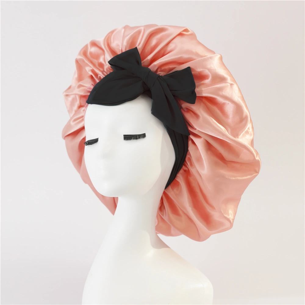 2-Pack Rose Pink Satin Bonnet with Wide Band and Bow Tie - Hair Care Sleep Cap — image 1