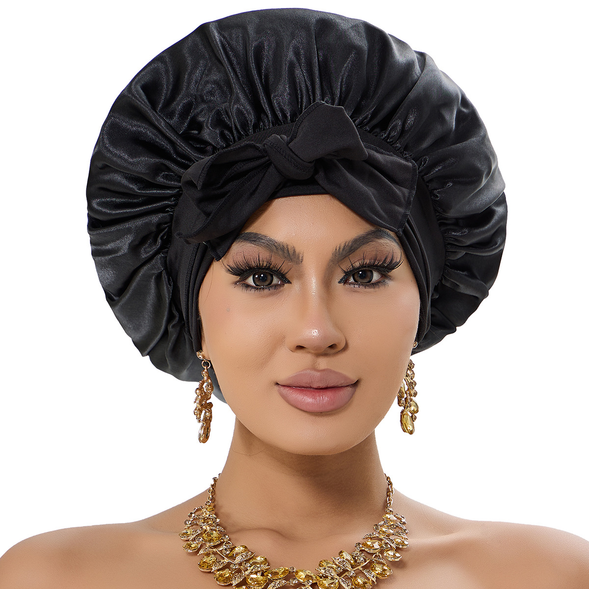 2-Pack Brown Satin Bonnet with Wide Band and Bow Tie - Hair Care Sleep Cap and view 4