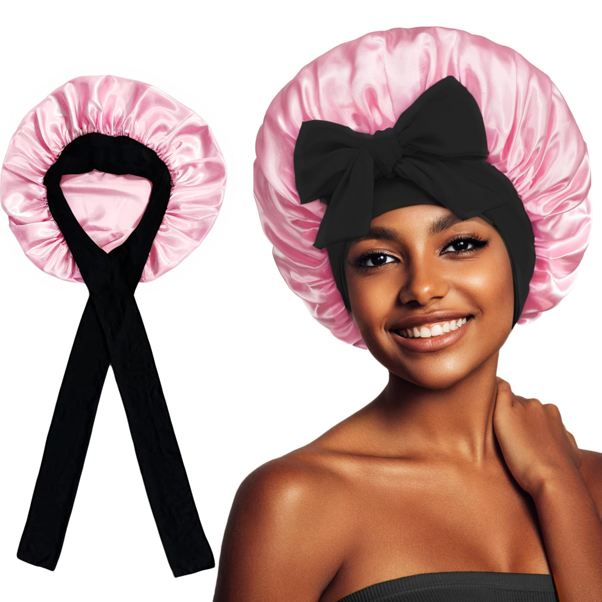 2-Pack Khaki Satin Bonnet with Wide Band and Bow Tie - Hair Care Sleep Cap and view 3