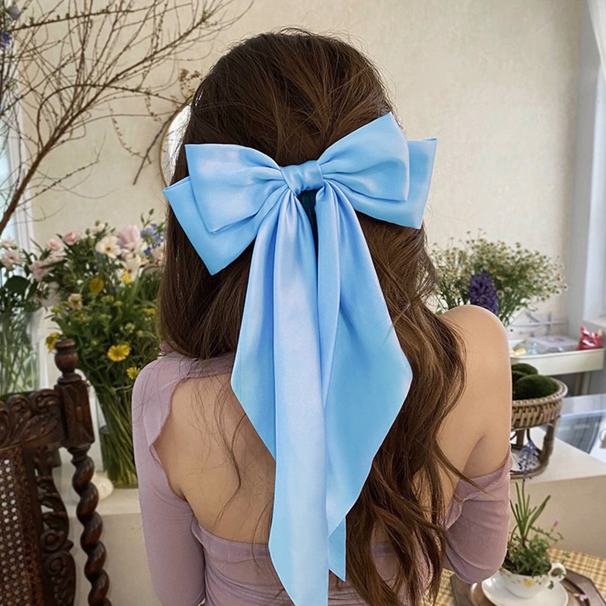 8-Color Set Luxury Satin Bow Hair Clips for Women - French Barrette Style view 6