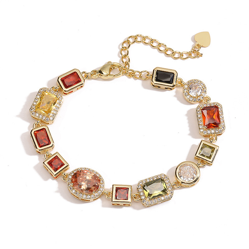 Gold Elegant Light Luxury Geometric Colorful Gemstone Bracelet (L: 16-21CM) — image 1