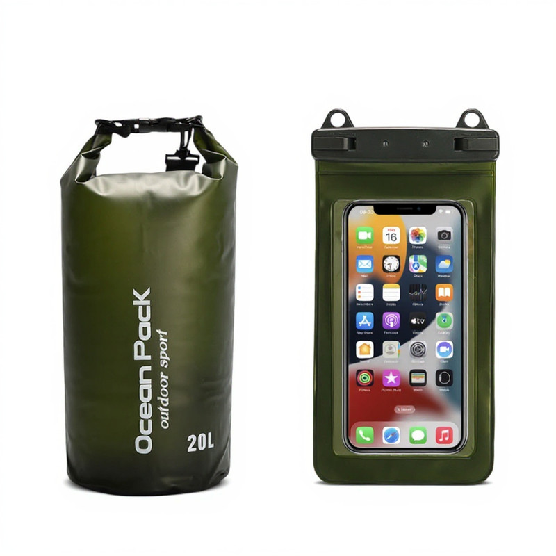 Dark Green 20L PVC Waterproof Swimming Bag Bonus with Waterproof Phone Pouch — image 1