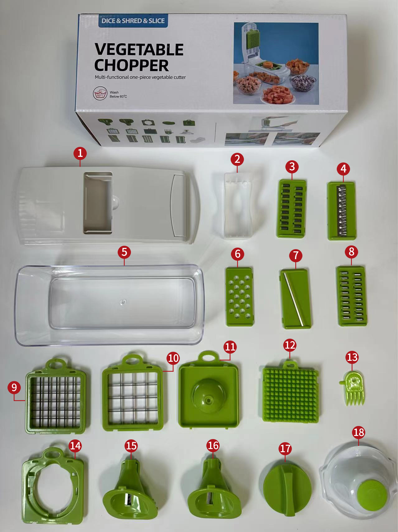 18-Piece White-Green Multi-Function Vegetable Chopper & Slicer Set - Rotary view 7