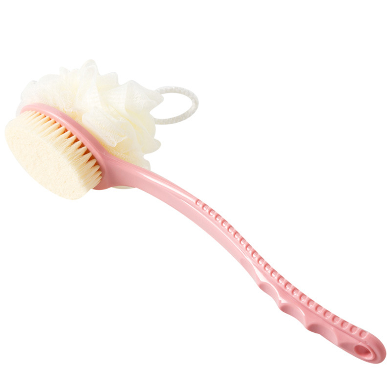 2-Pack Pink 2-in-1 Soft Bristle Long Handle Bath Brush & Shower Pouf Combo — image 1