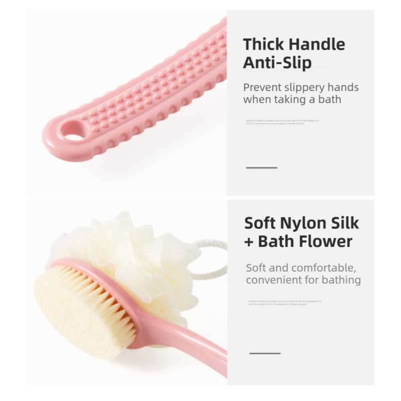 2-Pack Pink 2-in-1 Soft Bristle Long Handle Bath Brush & Shower Pouf Combo view 4
