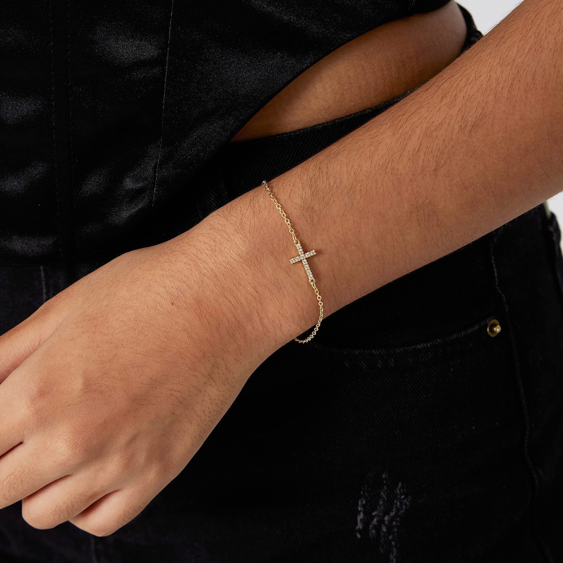 2-Pack Gold Plated Micro-Paved CZ Mini Cross Bracelet - Dainty Adjustable — image 1