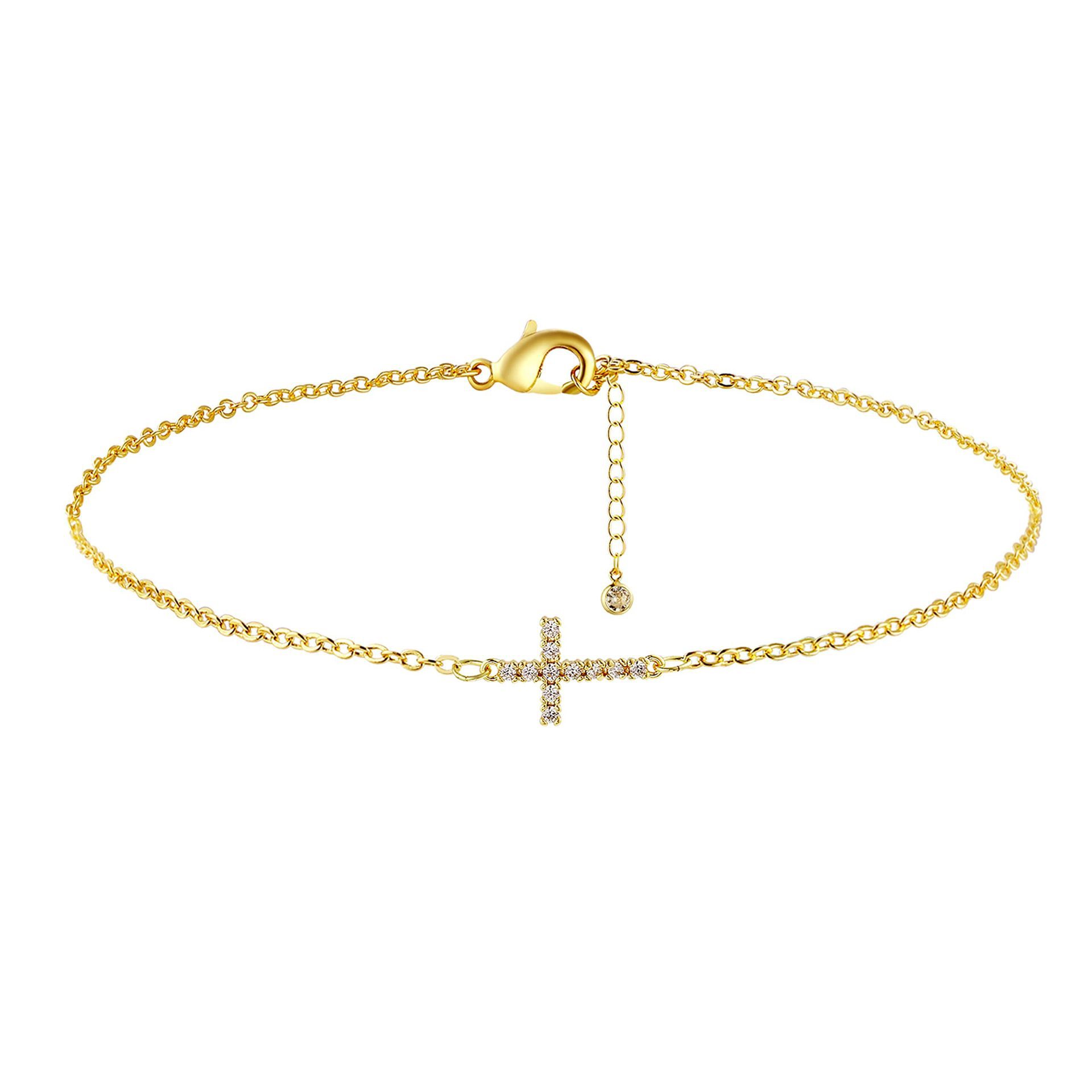 2-Pack Gold Plated Micro-Paved CZ Mini Cross Bracelet - Dainty Adjustable view 3